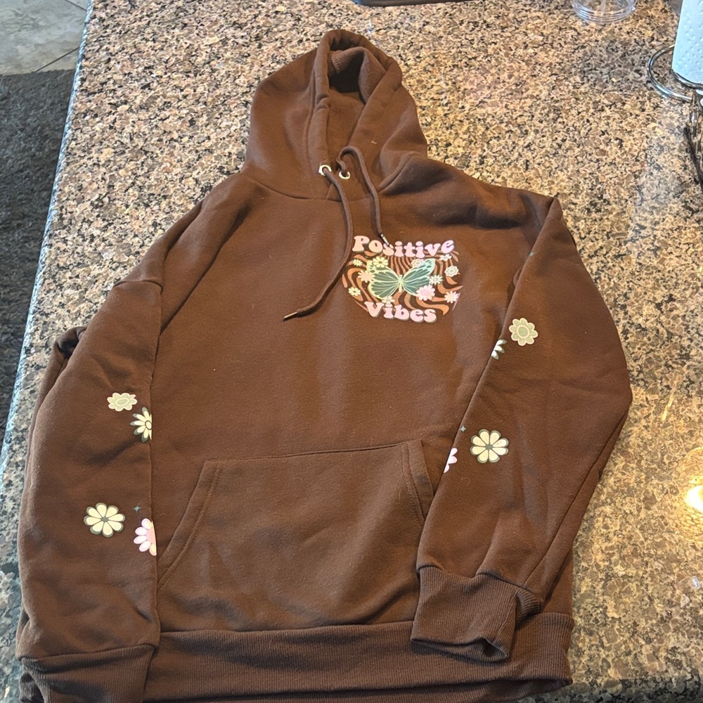 Brown oversized Hoodie with Positive Vibes and Floral Design